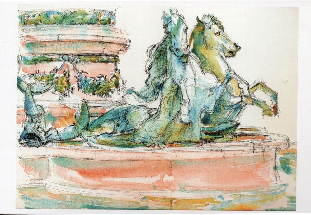 Fontaine De L'Observatorie Paris France Horse Statue Painting Postcard