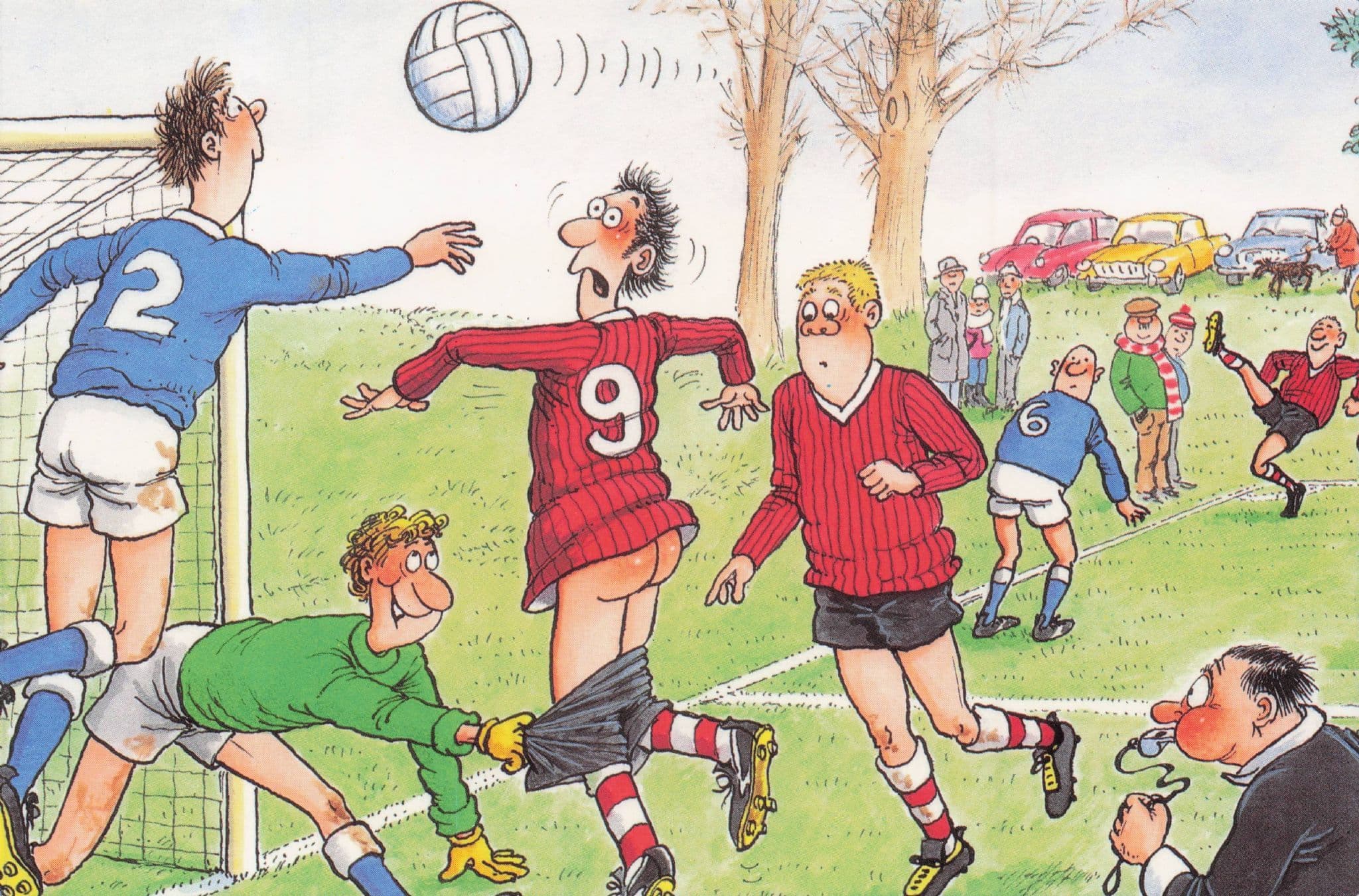 Football Player Streaker Losing Trousers Scoring Goal Comic Postcard