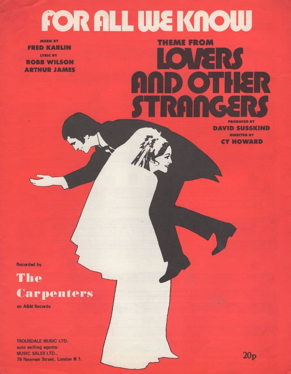 For All We Know The Carpenters Rare Alt Cover 1970 Sheet Music