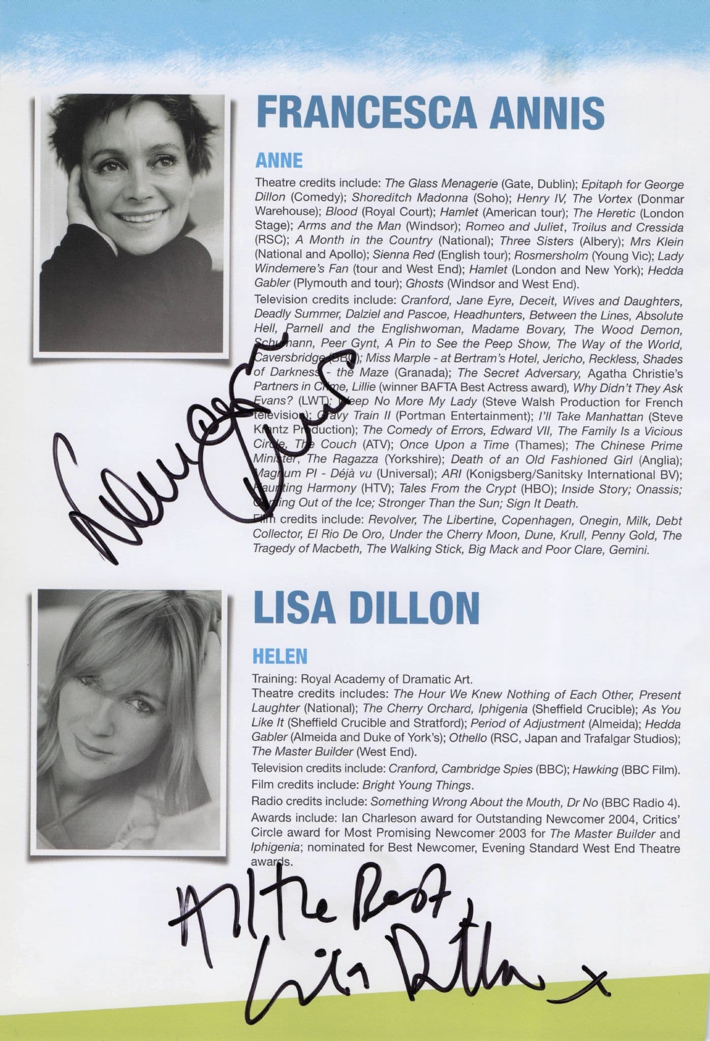 Francesca Annis Lisa Dillon MULTI Hand Signed Theatre Page