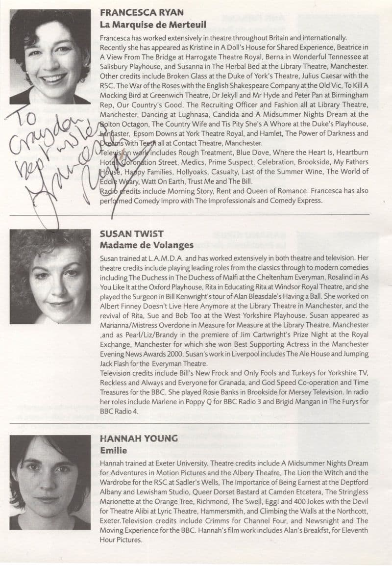 Francesca Ryan Medics Wars Of The Roses Hand Signed Theatre Page