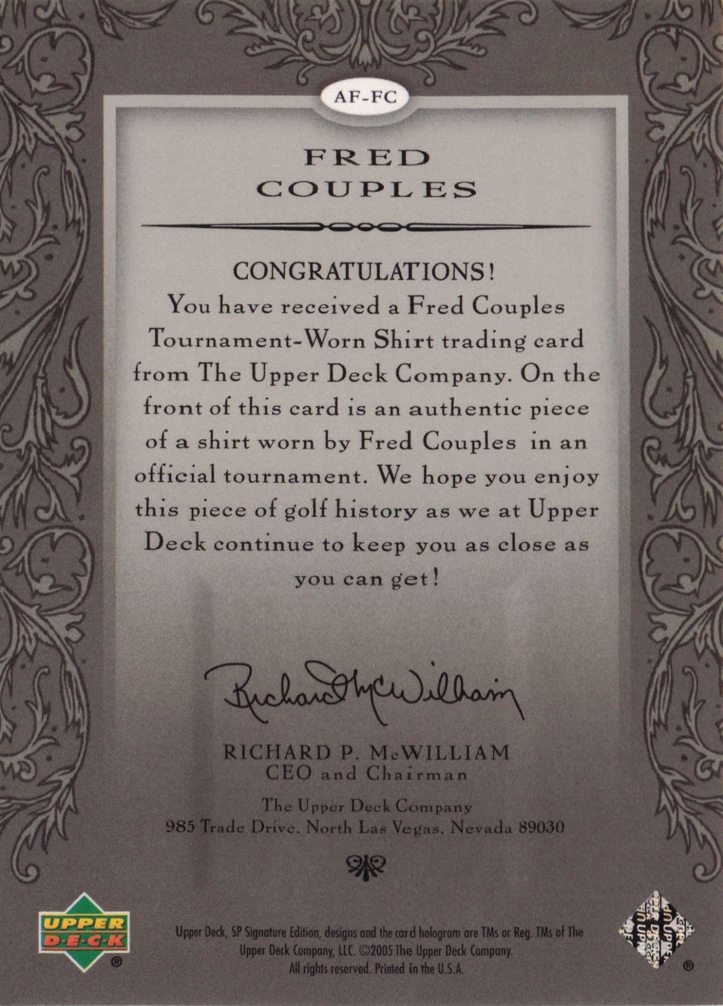 Fred Couples Authentic Fabrics 2005 Golf Upper Deck Worn Shirt Card