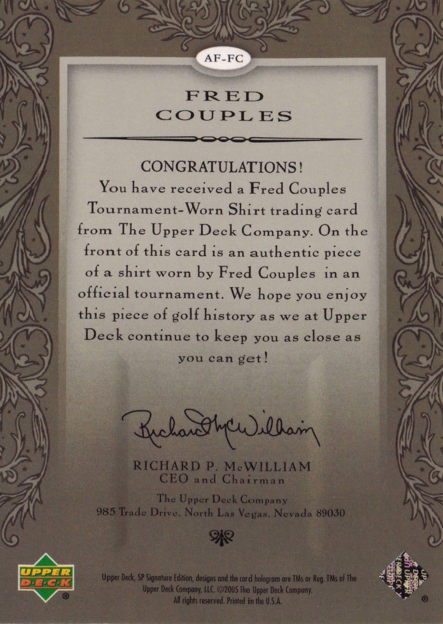 Fred Couples Authentic Fabrics 2005 SP Golf Upper Deck Worn Shirt Card