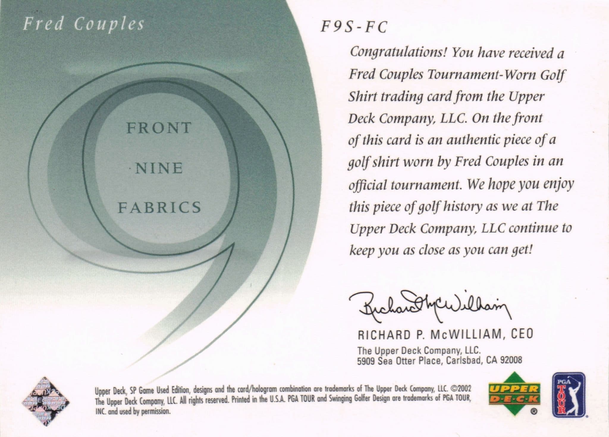 Fred Couples Front 9 Fabric 2002 Upper Deck Authentic Shirt Card