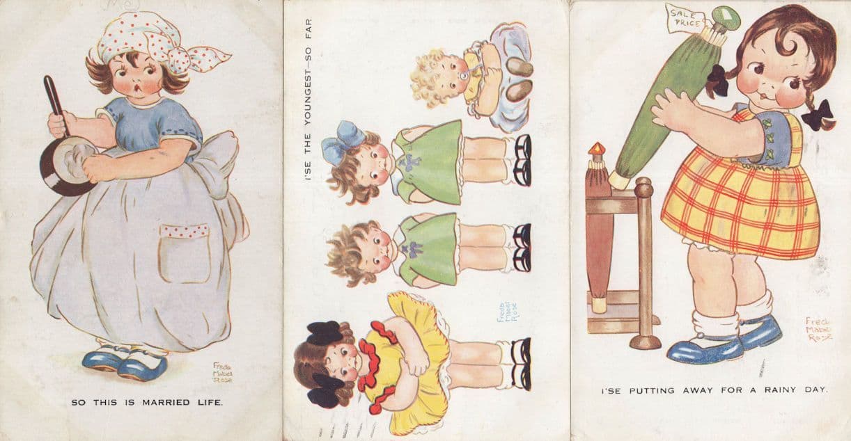 Fred Mabel Rose Rainy Day Umbrella 3x Old Comic Postcard s