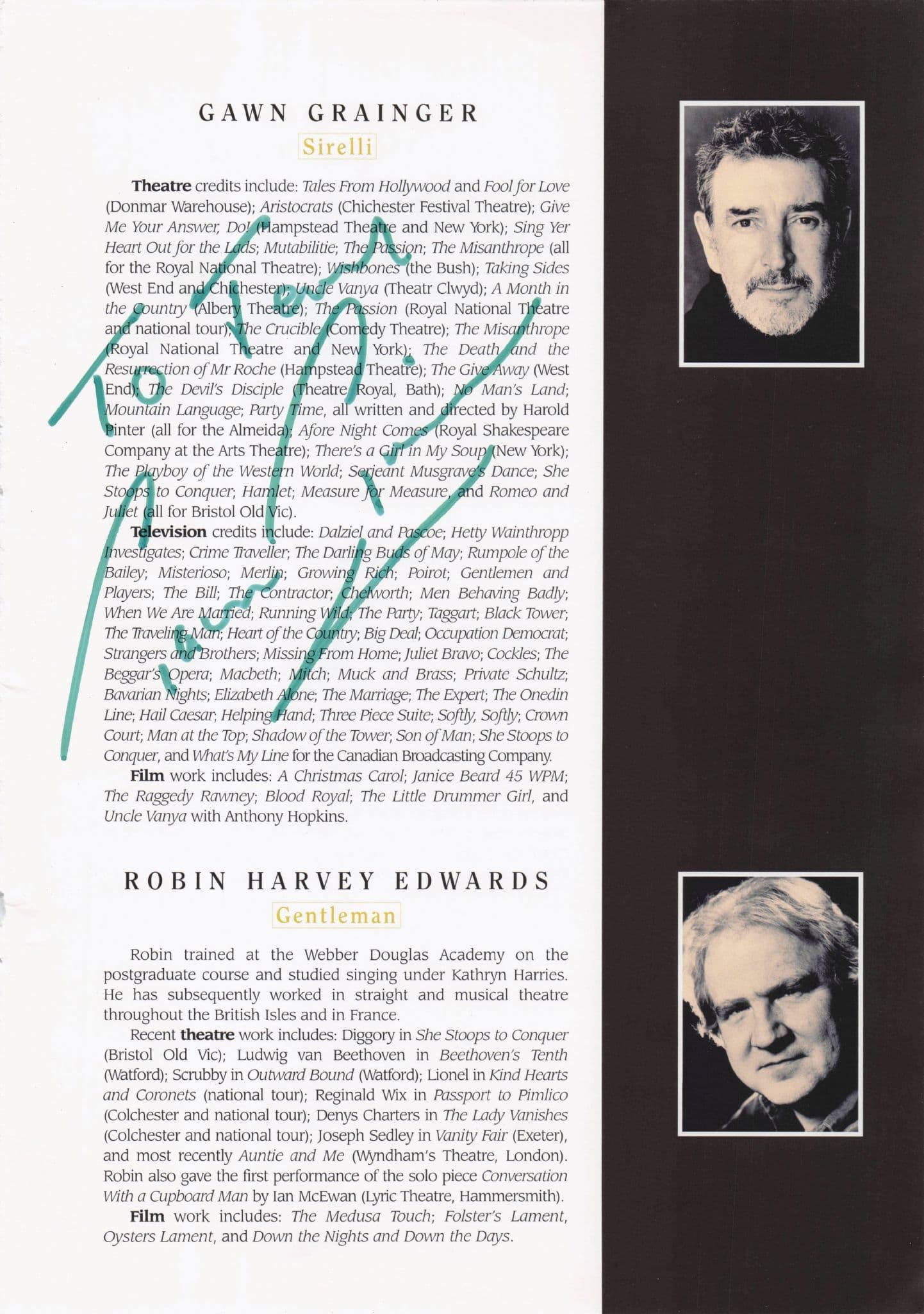 Fred Ridgeway Gawn Grainger Hand Signed Photo Theatre Page