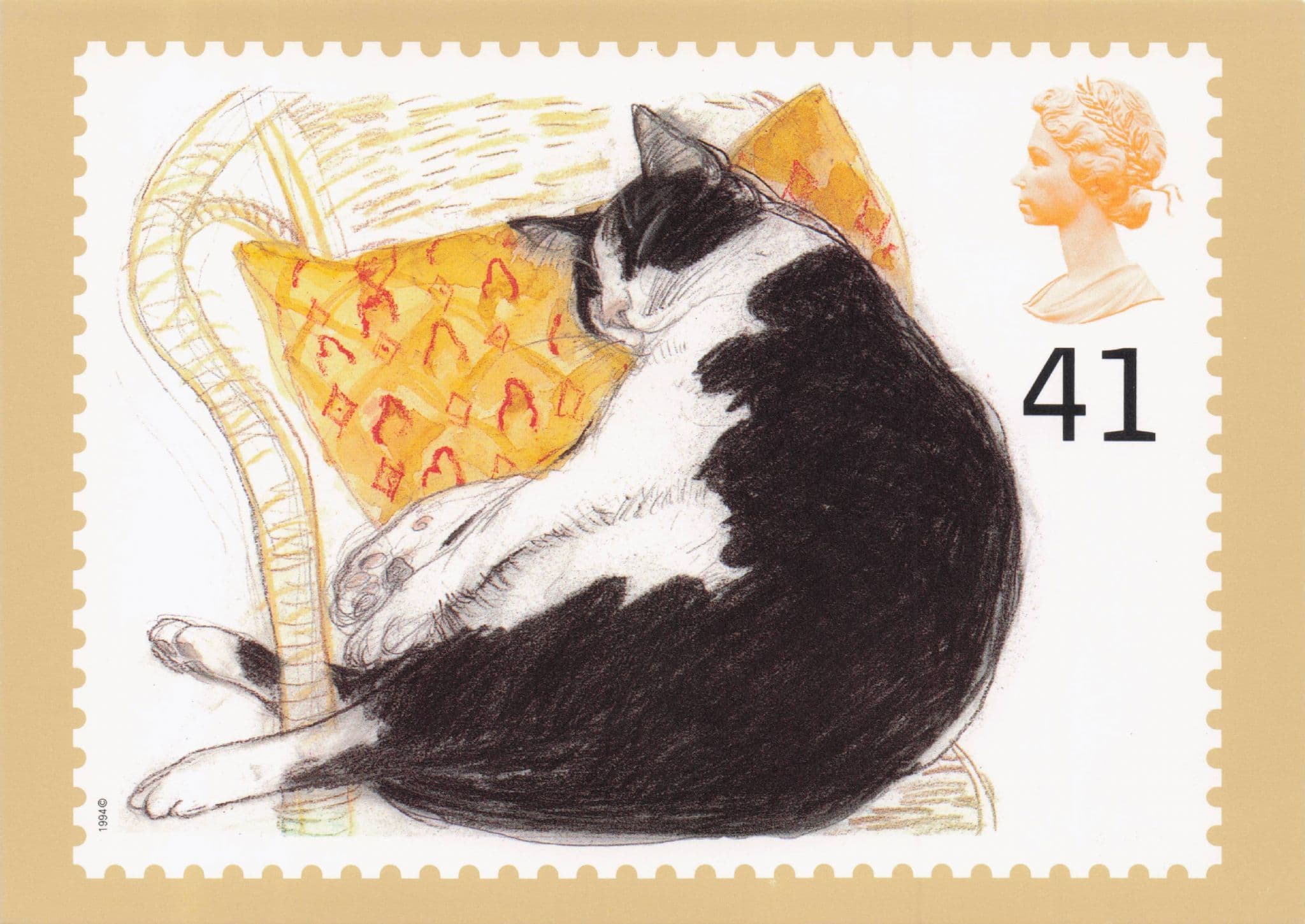 Fred The Sleepy Black & White Cat Sleeping Royal Mail Painting Postcard