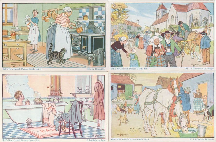 French Bathroom Kitchen Farm Village 4x Drawing Old Postcard s
