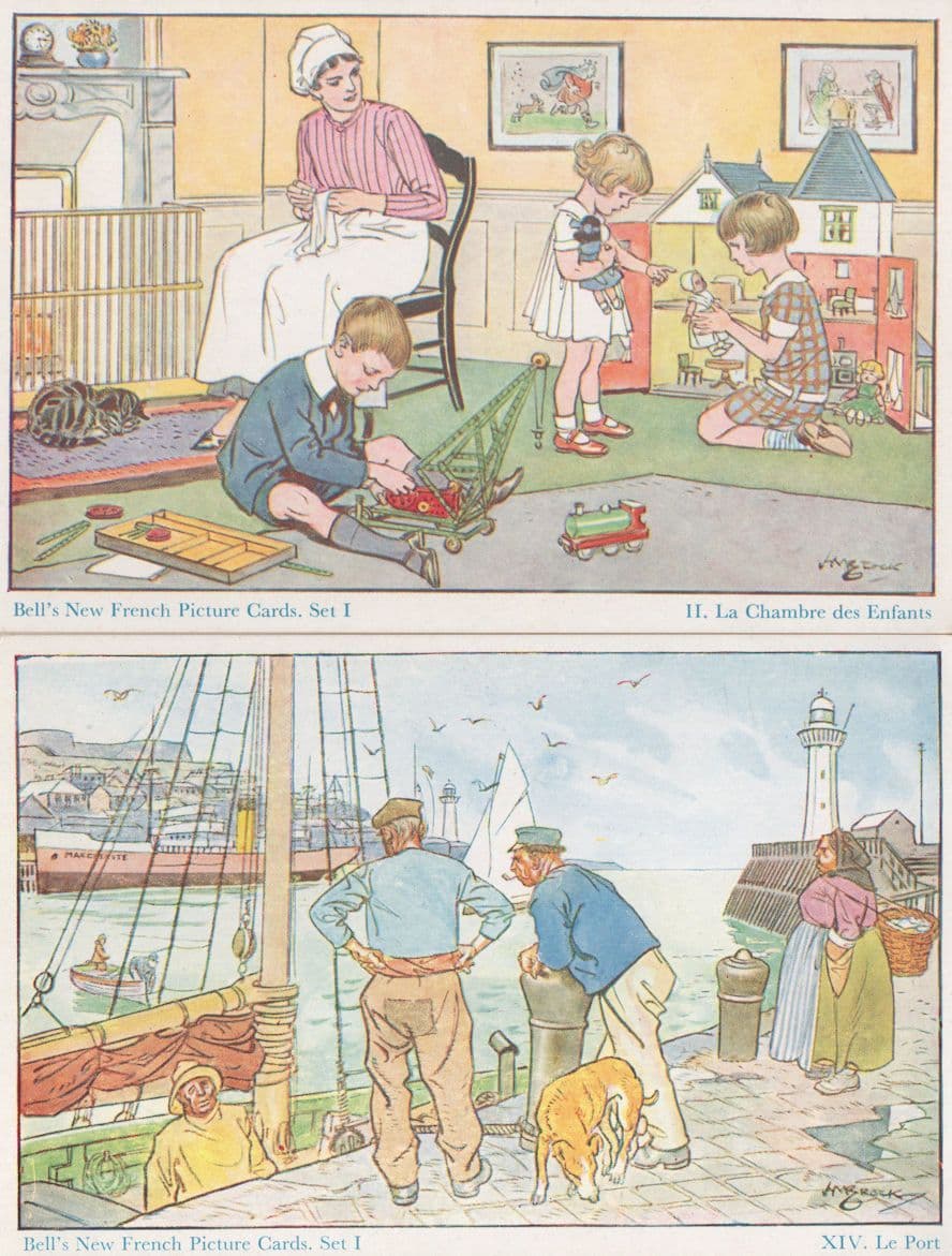 French Boy With Toy Model Train Crane Ship 2x Old Sketch Postcard s