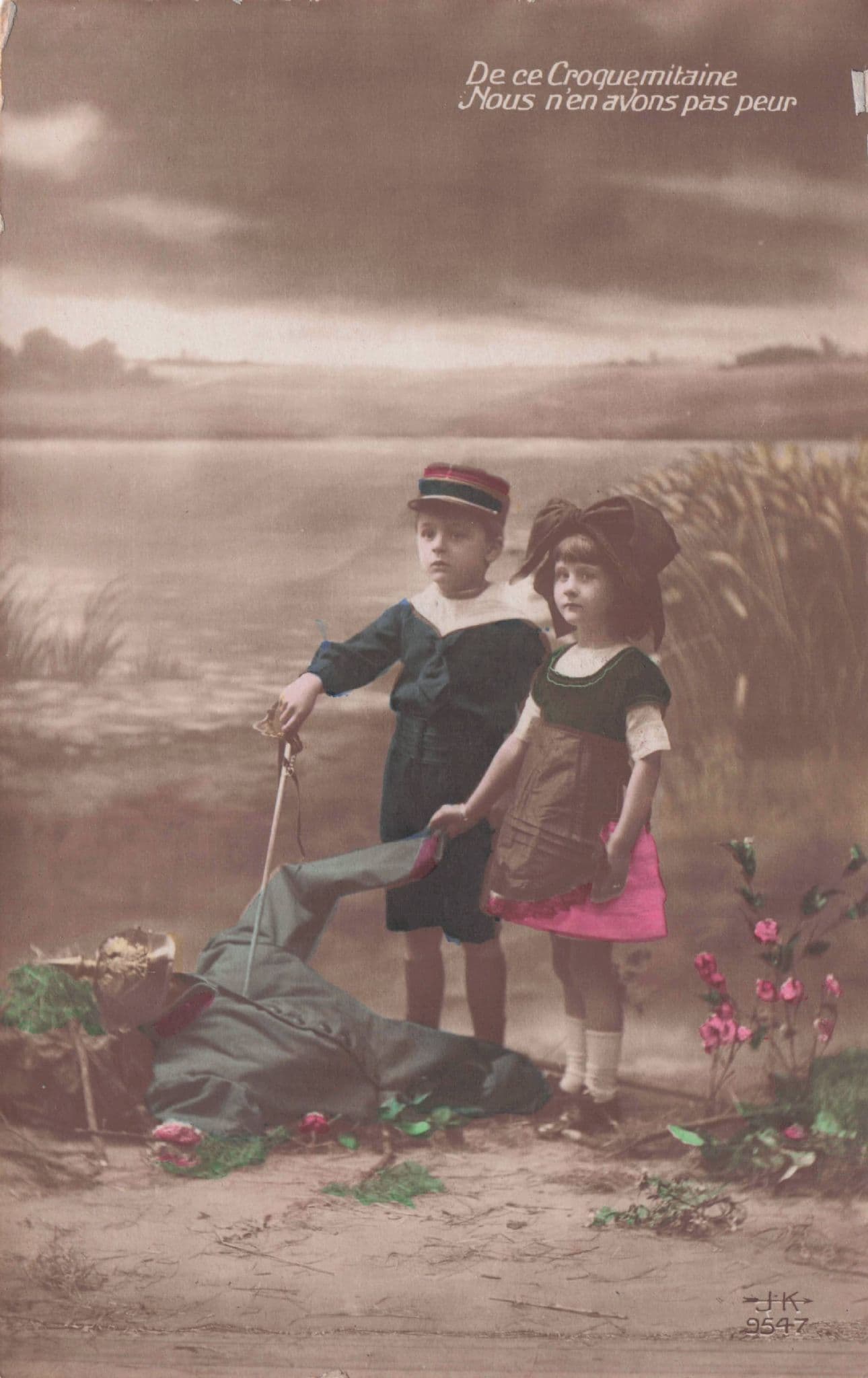 French Children Poking Scarecrow Soldier Corpse WW1 Postcard