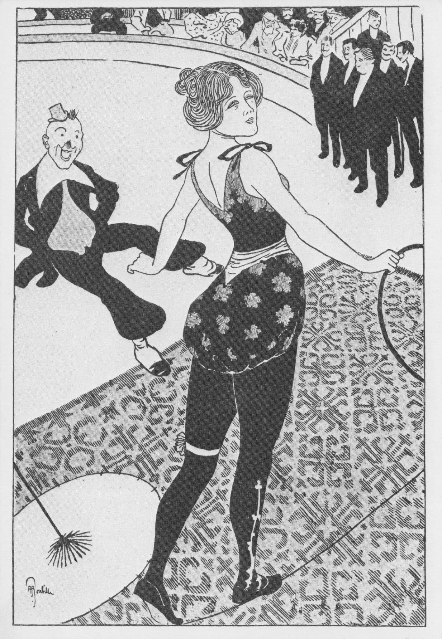 French Dominant Victorian Circus Lady & Clown 1897 Art Illustrator Postcard