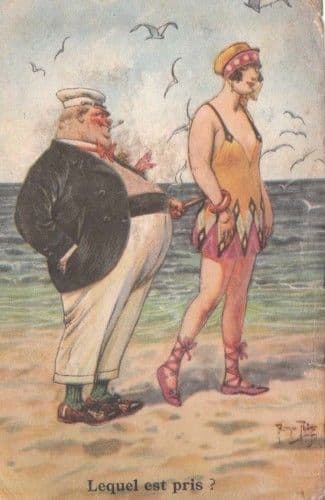 French Fat Obese French Sailor Navy Captain Man Seaside Humour 1950s Postcard