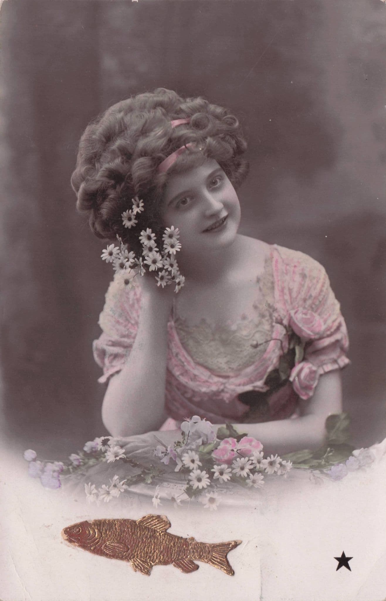 French Metallic Lucky Goldfish Old Glamour RPC Postcard