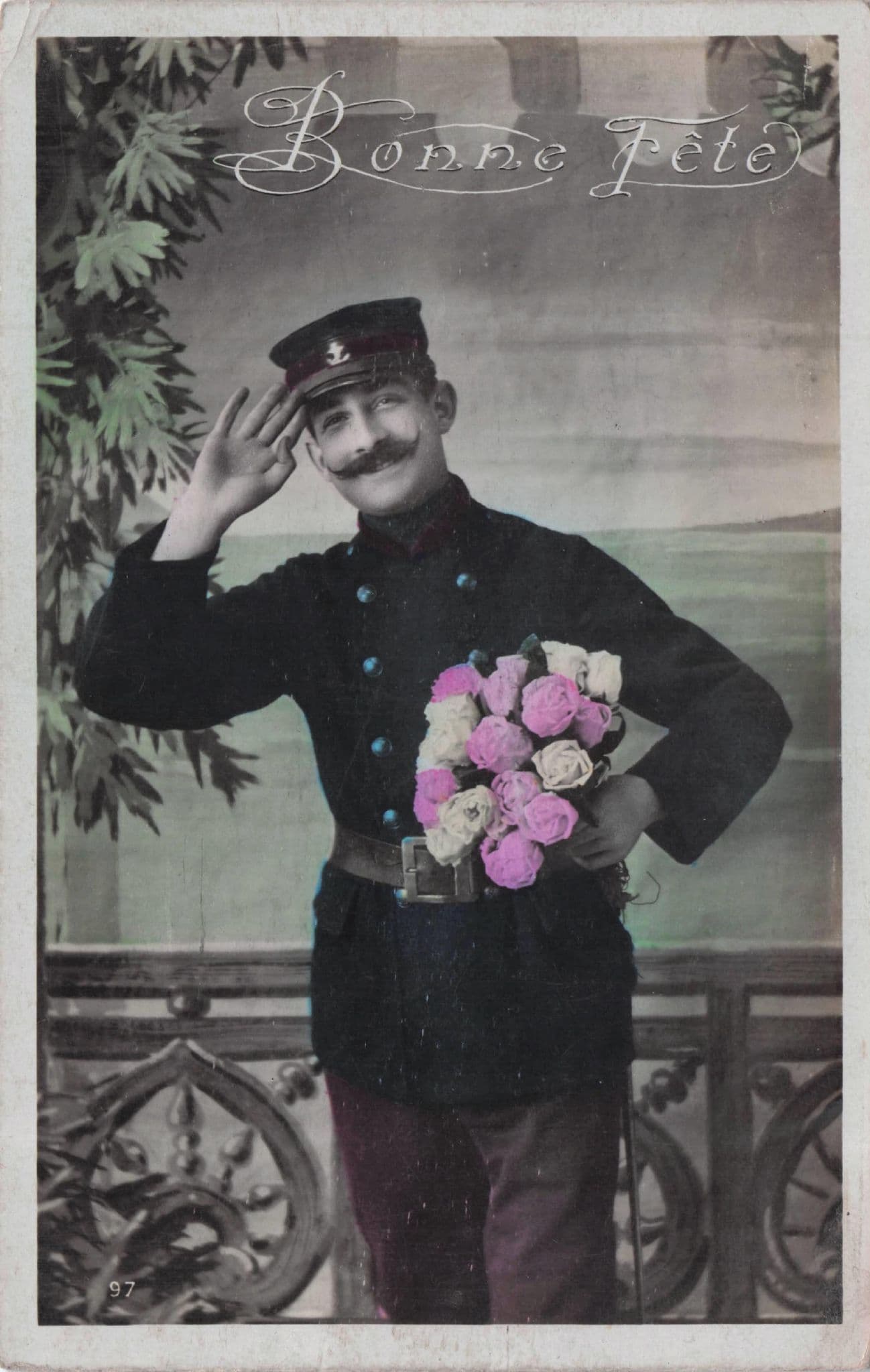 French Military Soldier Carrying Flowers Bonnes Fete WW1 Postcard
