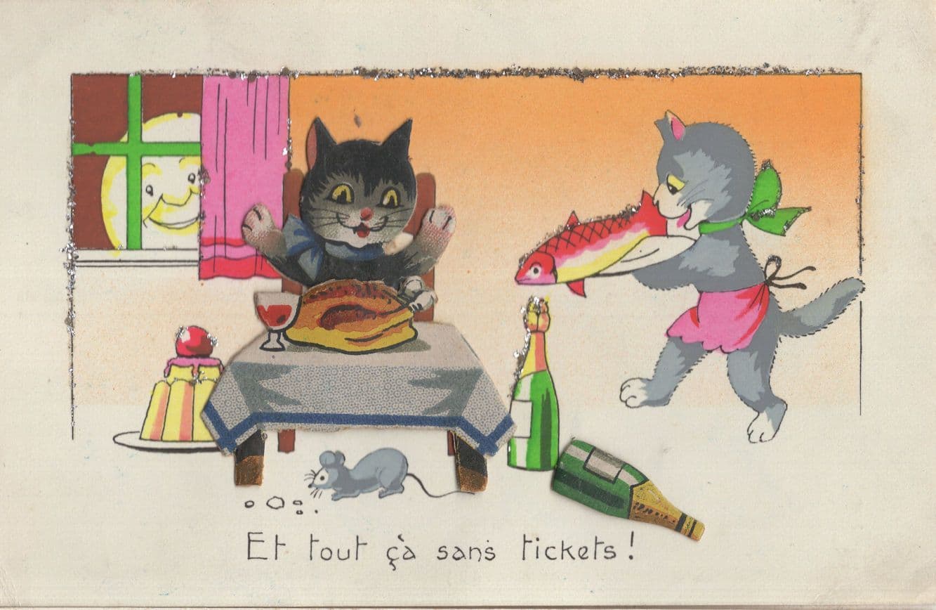 French Posh Cat Dining On Fresh Fish Champagne 3D Old Comic Postcard