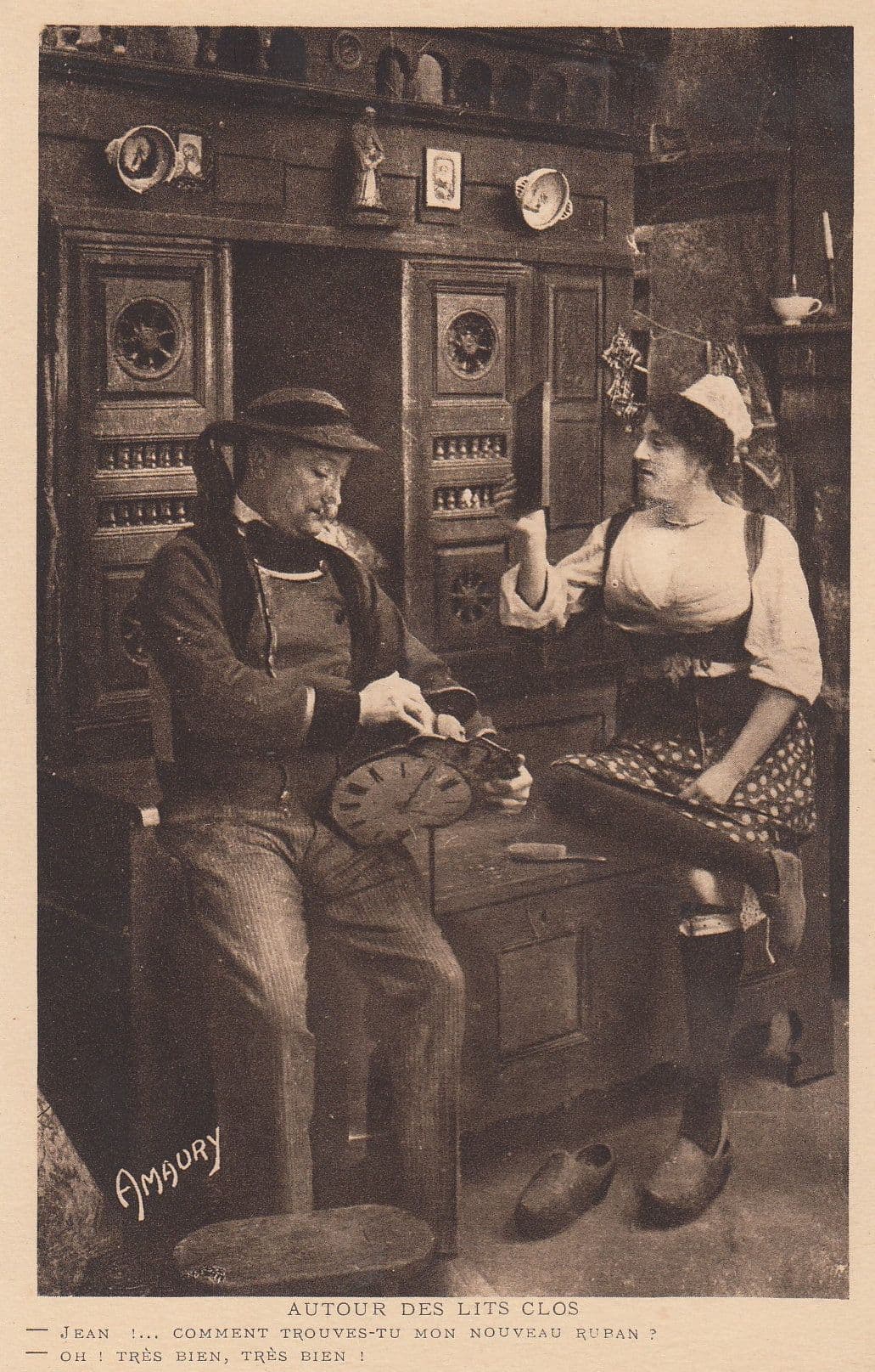 French Timepiece Repairer Mending Antique Clock For French Maid Old Comic Postcard