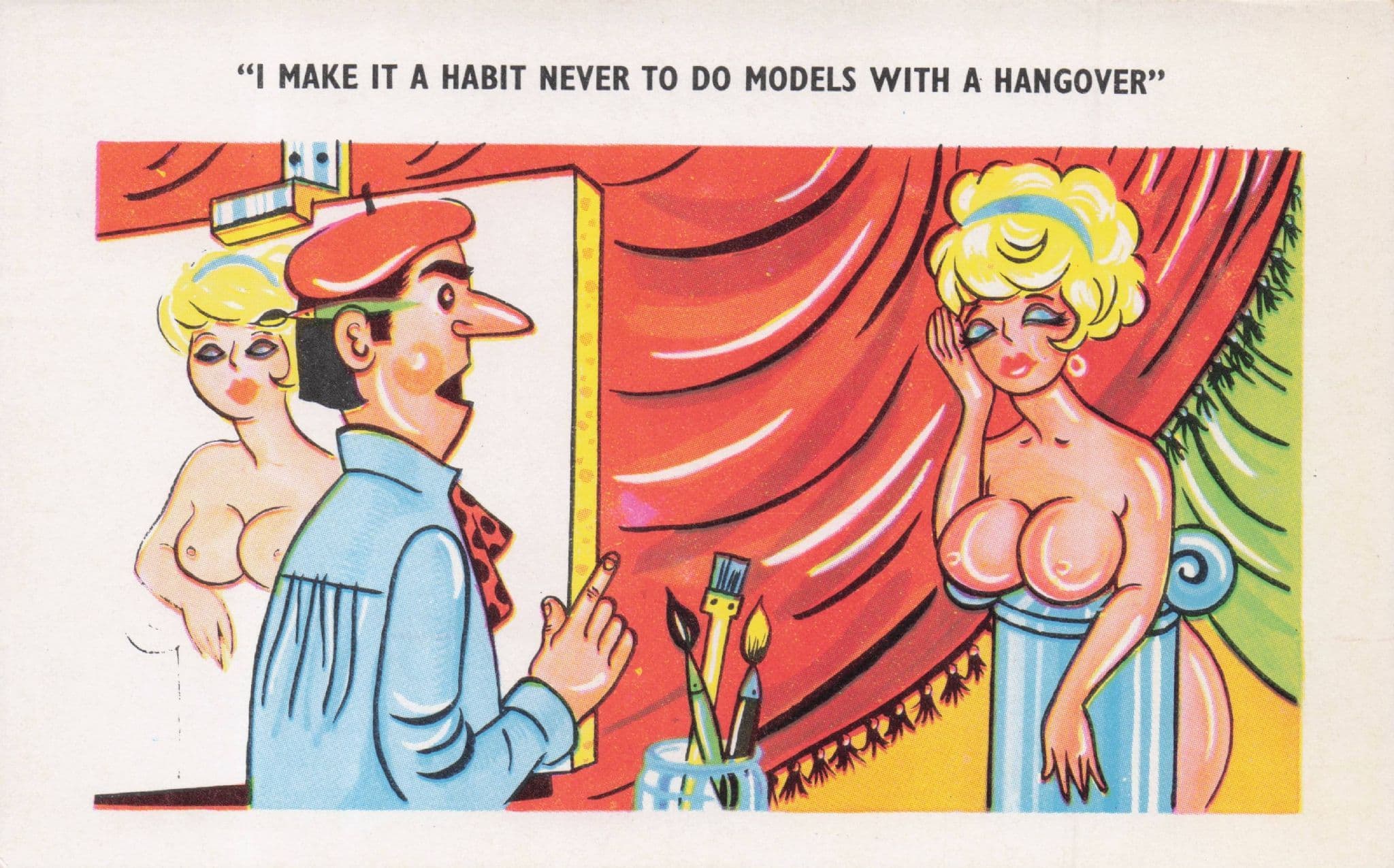 French Topless Painter Painting Model Risque Comic Postcard