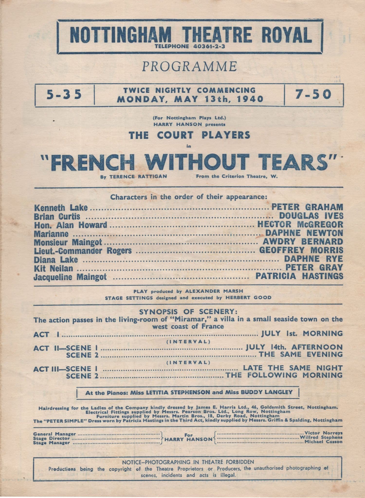 French Without Tears French Play WW2 1940 Nottingham Theatre Royal Programme