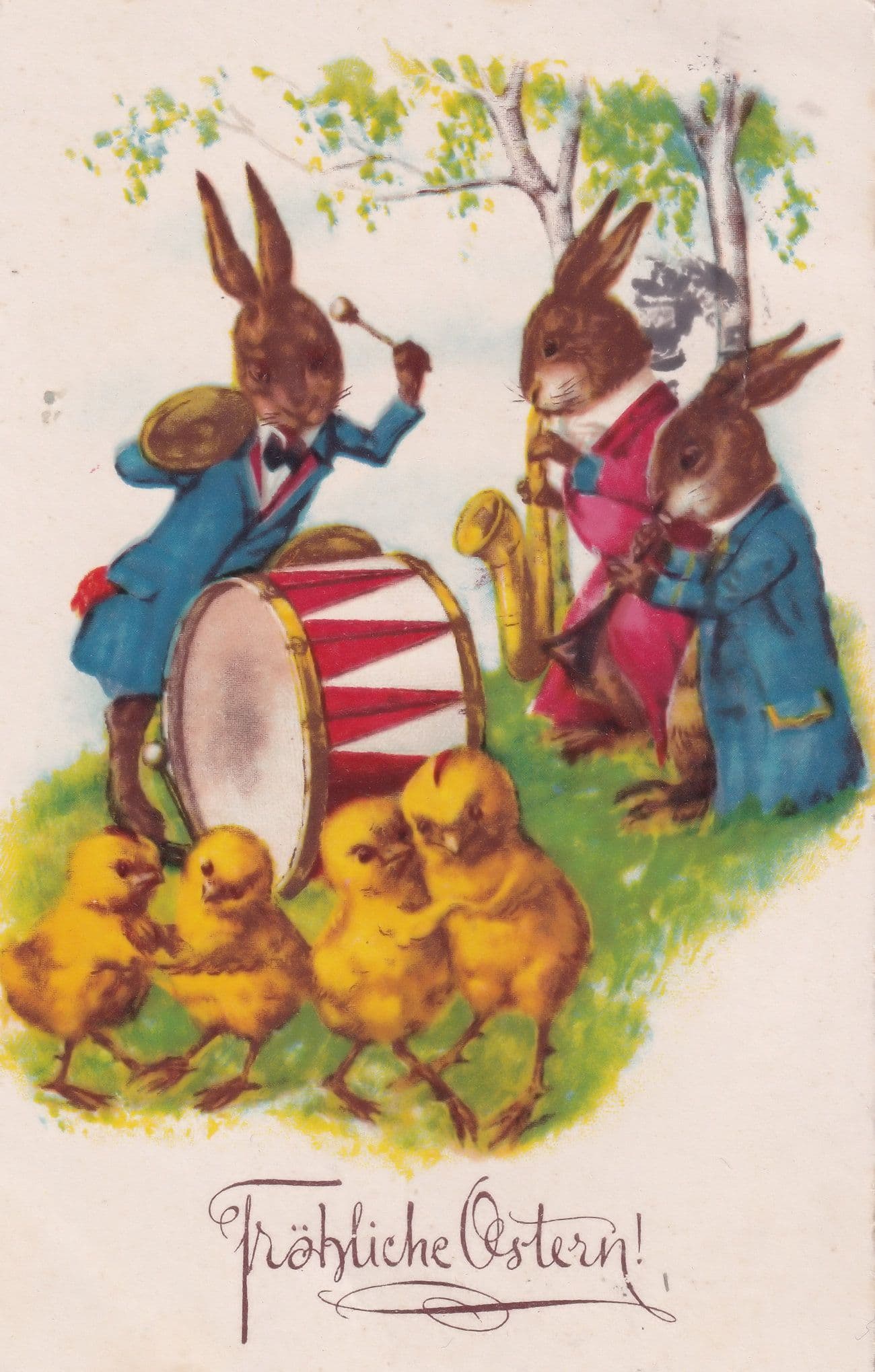 Frohliche Ostern Rabbit Brass Band Drummer Chicks Dancing Antique Postcard