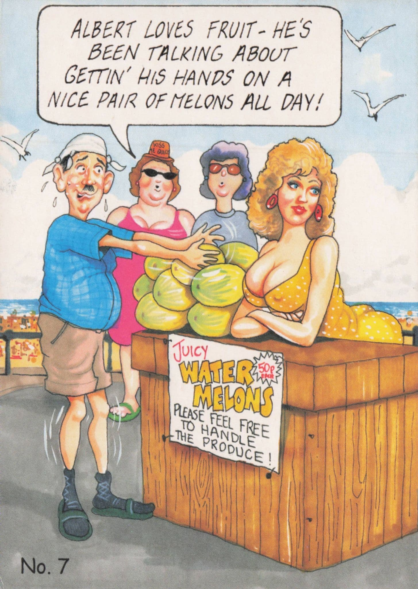 Fruit Man Vendor Hands On Sexy Ladies Melons Comic Postcard