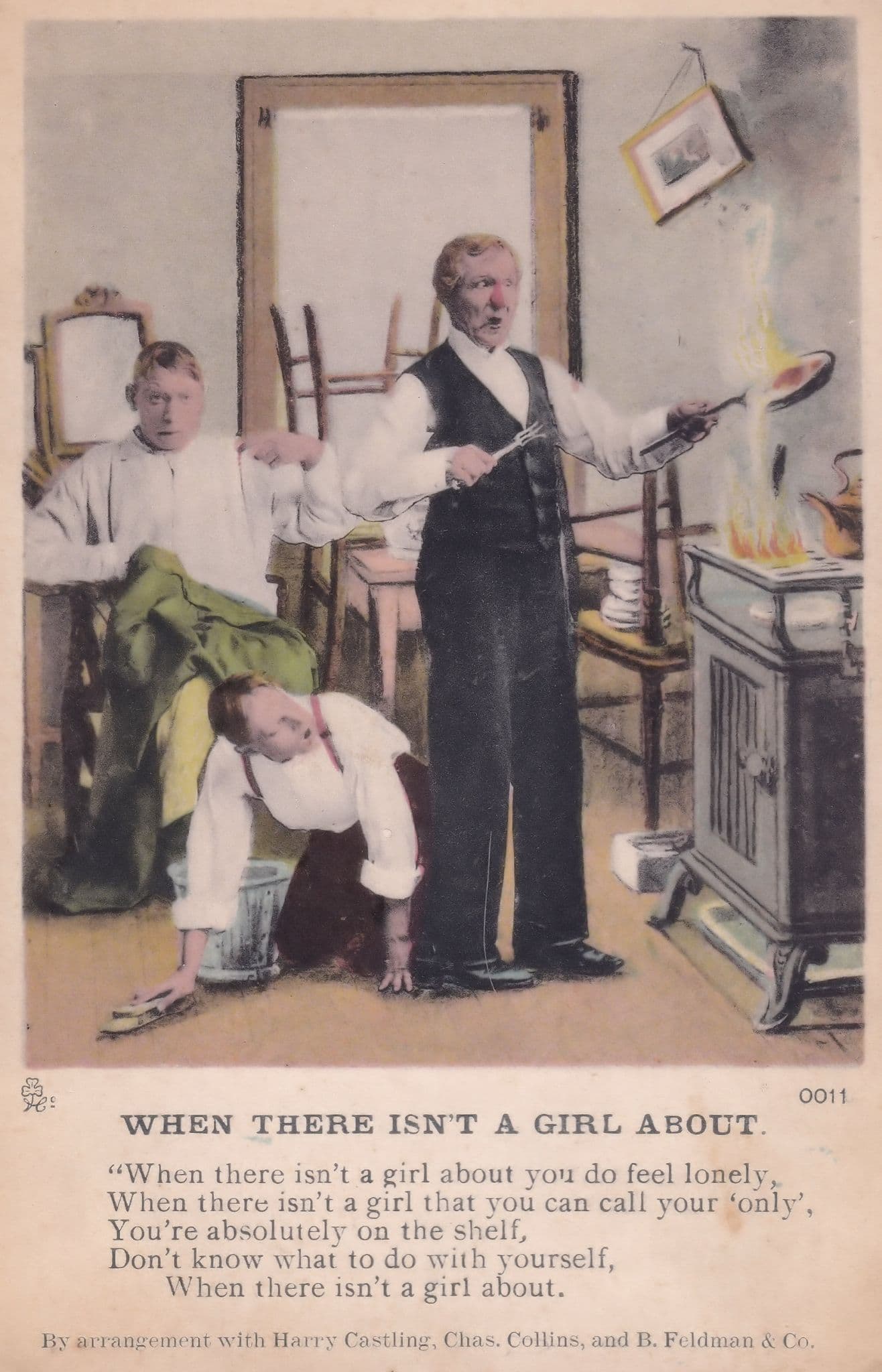 Frying Pan Kitchen Fire On Shelf No Girlfriend Old Comic Postcard