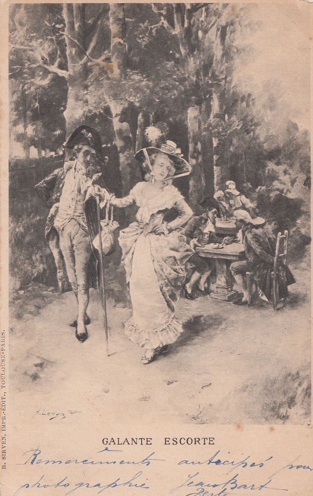 Galante Escorte French 1901 Fashion Dancing Antique Postcard