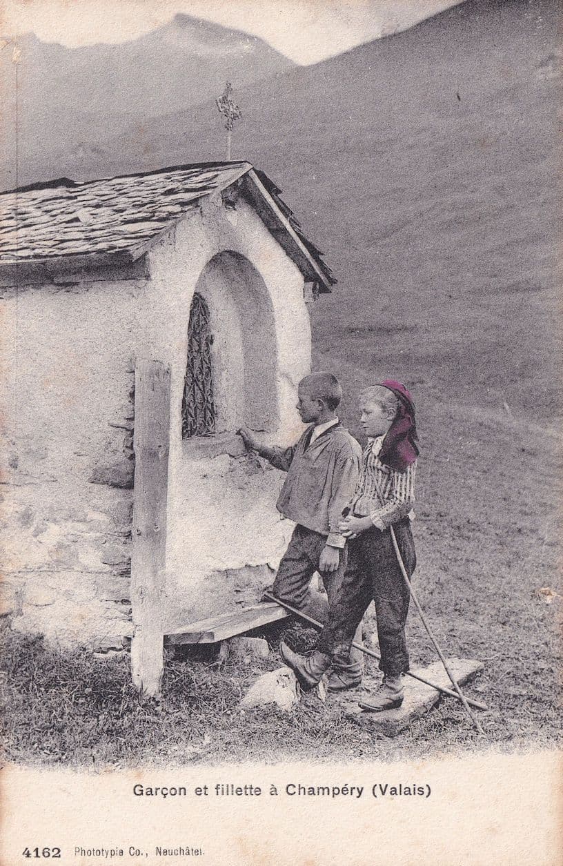 Garcon Et Fillette A Champery Valais Switzerland Costume Postcard