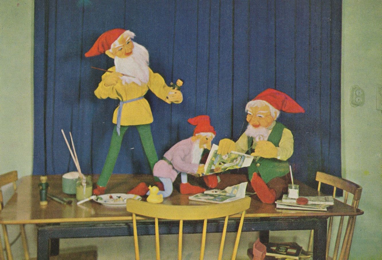 Garden Gnomes Painting As Artists With Paint Brush Rare Postcard