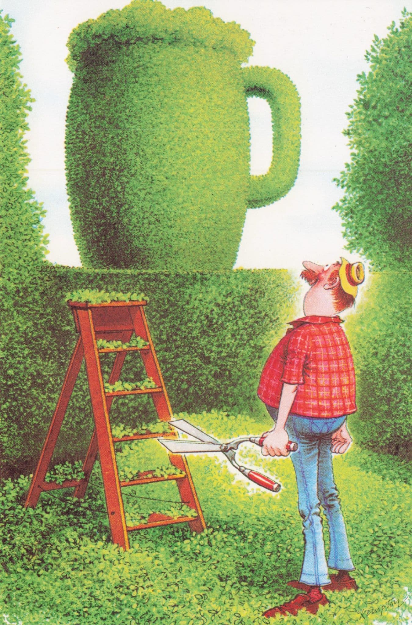 Garden Hedge Shaping Pint Of Beer Topiary Shearing Comic Postcard