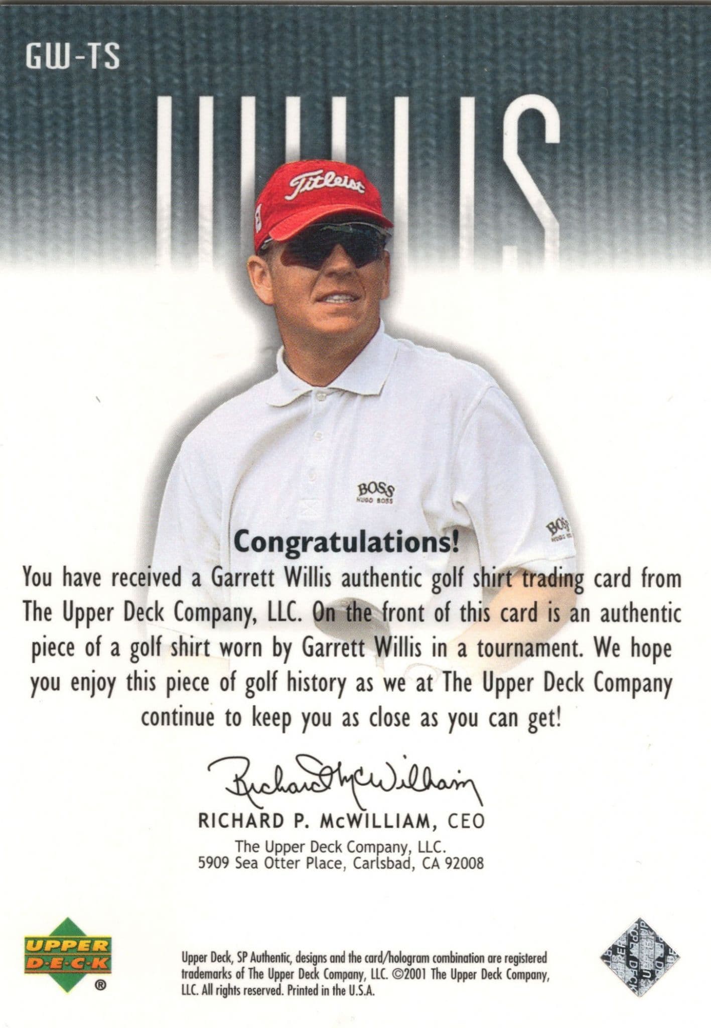 Garrett Willis 2001 Tour Swatch Worn Shirt Golf Rare Limited Edition Card