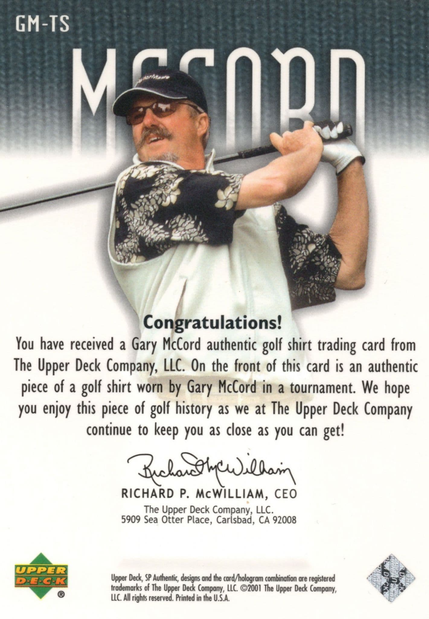 Gary McCord 2001 Tour Swatch Worn Shirt Golf Rare Limited Edition Card