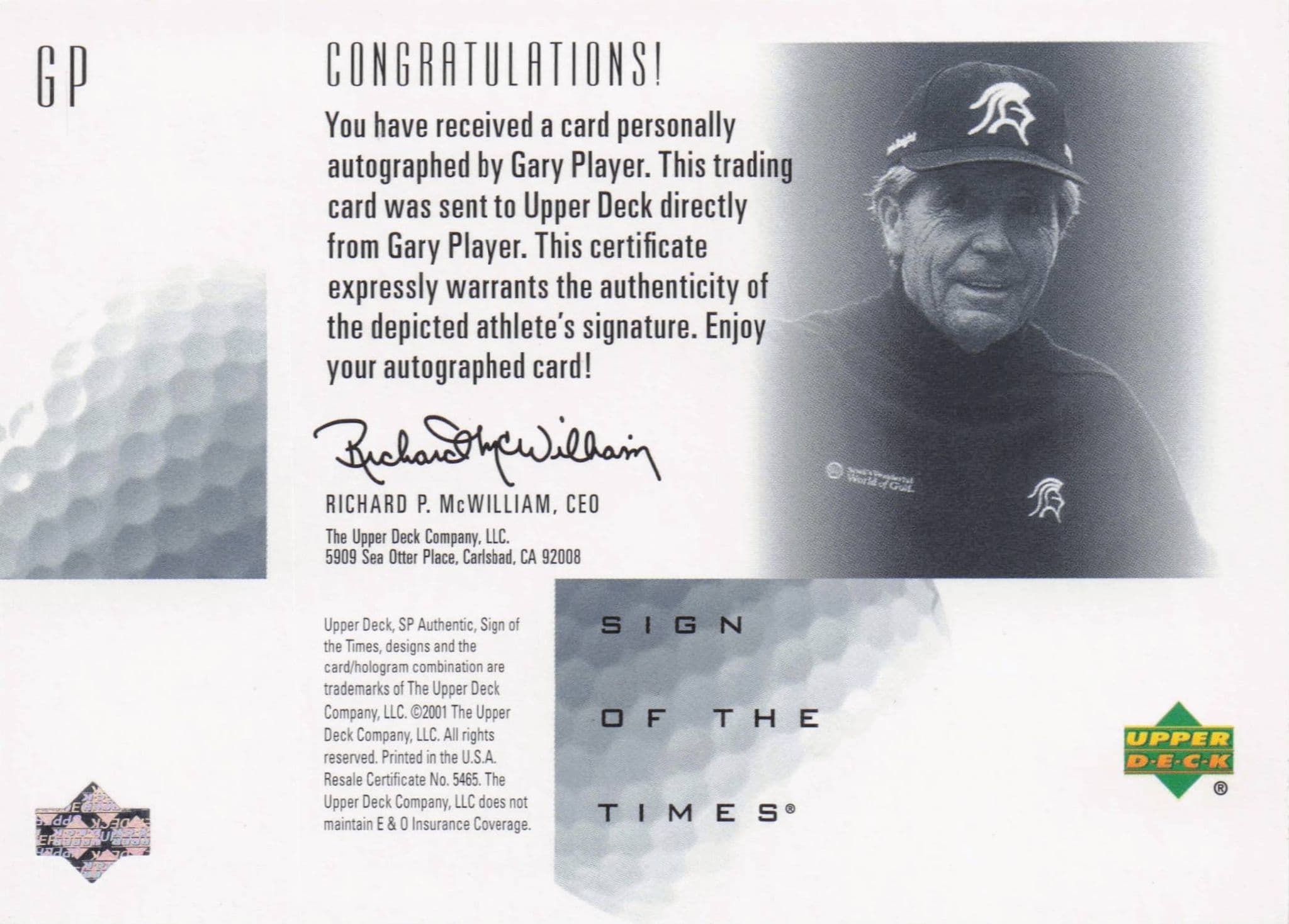 Gary Player Sign Of The Times Hand Signed 2001 SP Golf Autograph Card