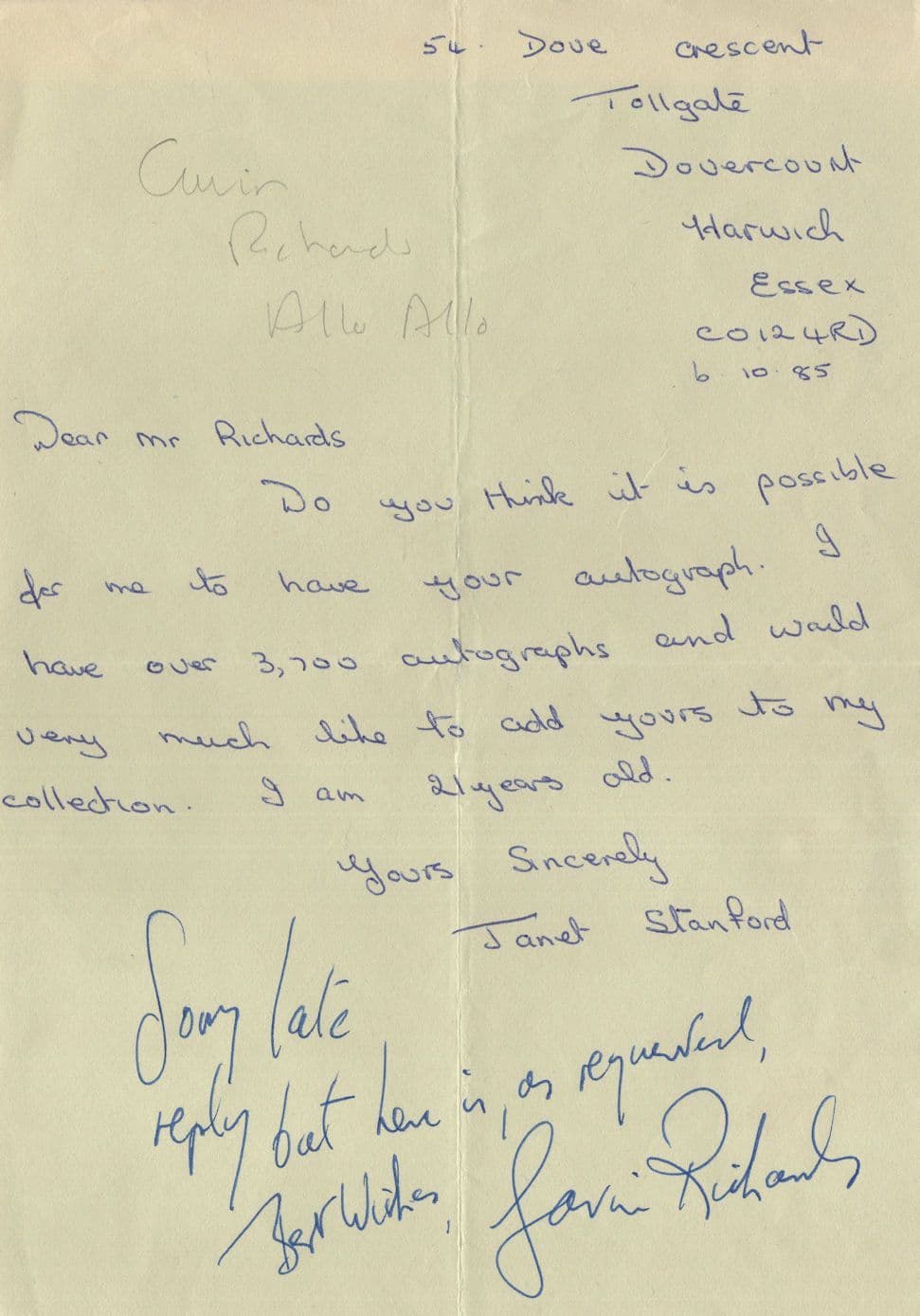 Gavin Richards Allo Allo Vintage 1980s Hand Signed Letter