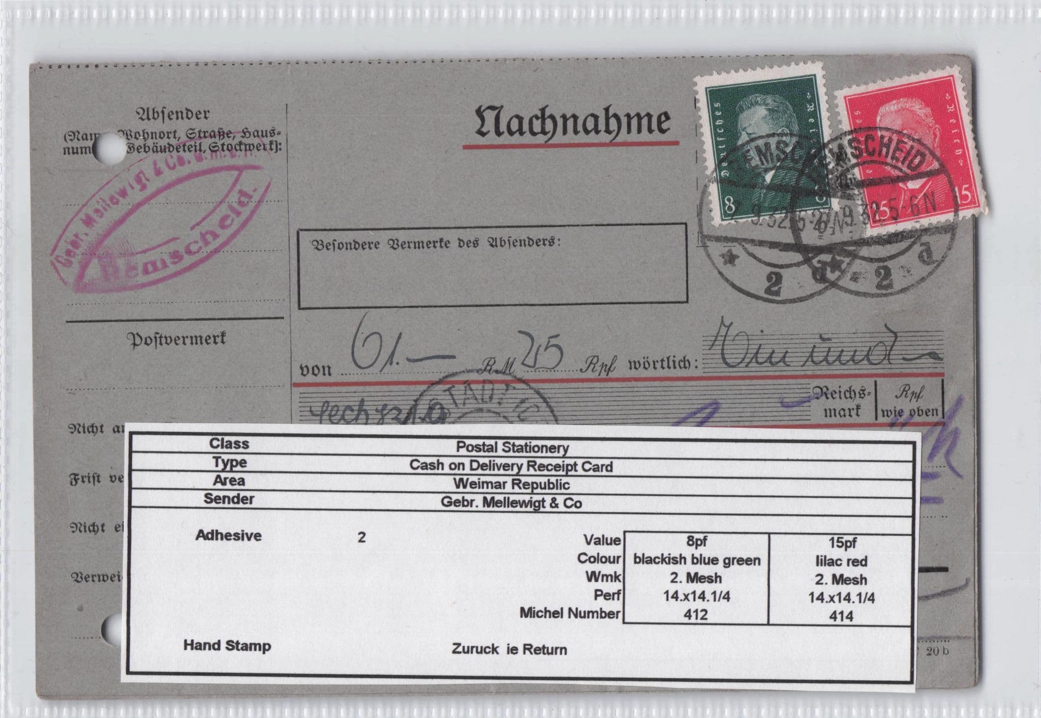 Gebr Mellewigt & Co Remscheid Rhine German Receipt Old Postcard