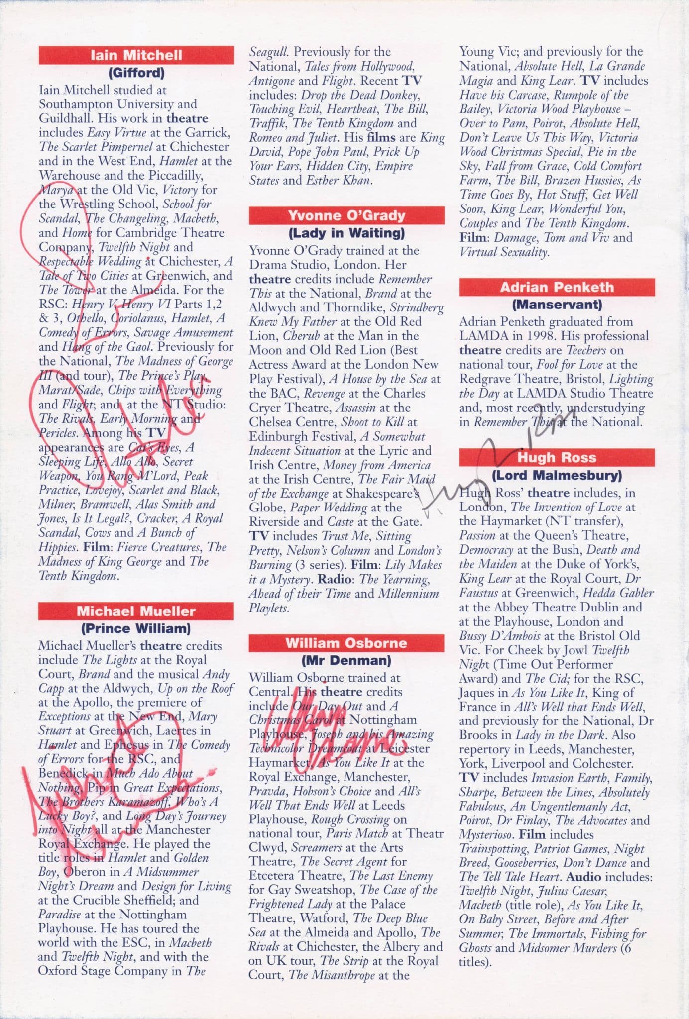 Gemma Jones Iain Mitchell Michael Mueller Hugh Ross Hand Signed Theatre Page