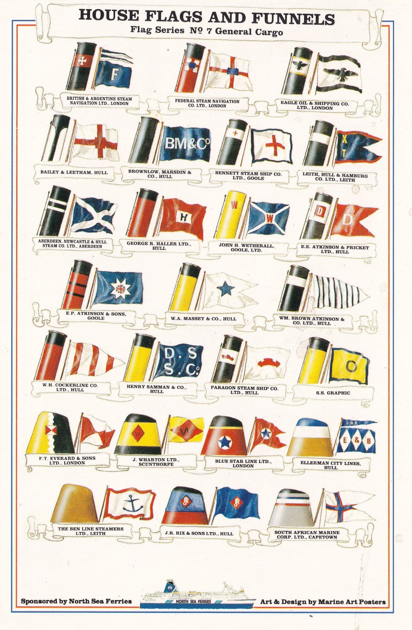 General Cargo House Flags & Ship Funnels Hull North Sea Ferries Postcard
