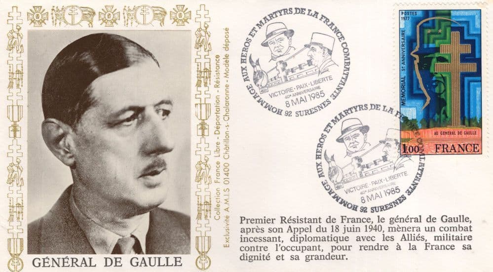 General De Gaulle French 1985 40th Anniversary Of WW2 FDC