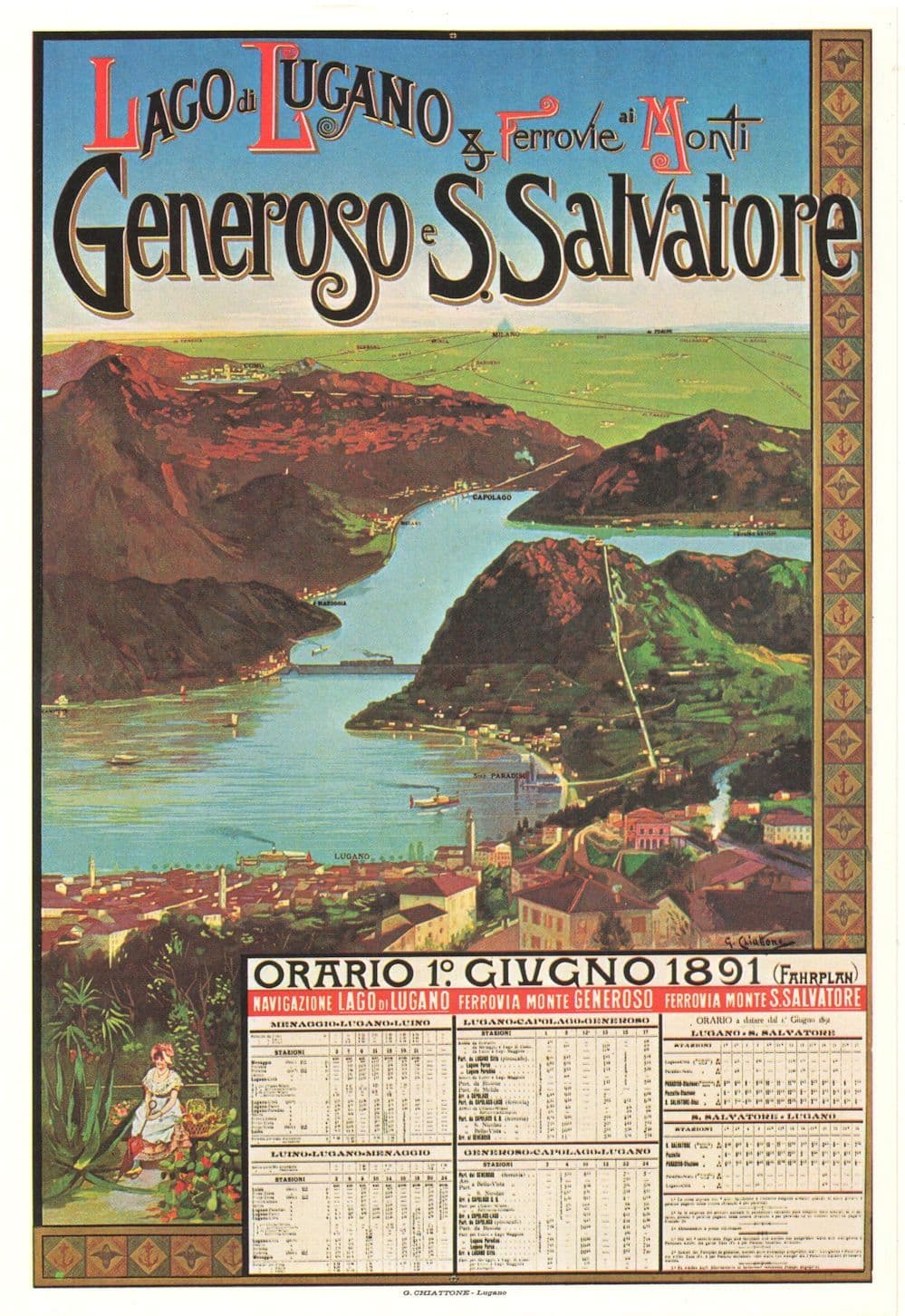 Generoso Salvatore Lago Lucano 1891 Train Timetable Poster Swiss Postcard