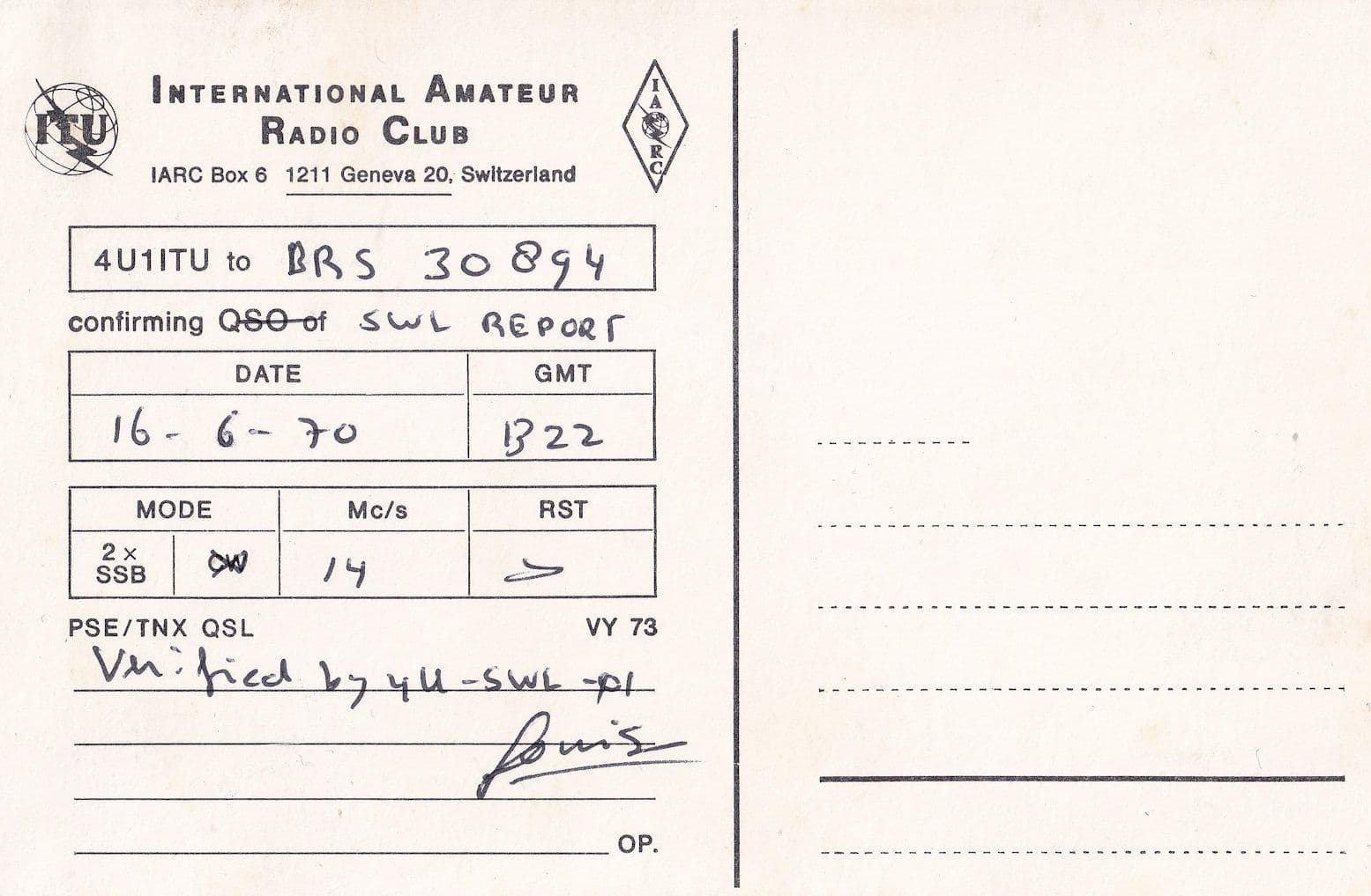 Geneva Switzerland Amateur Radio Station 1970 QSL Card