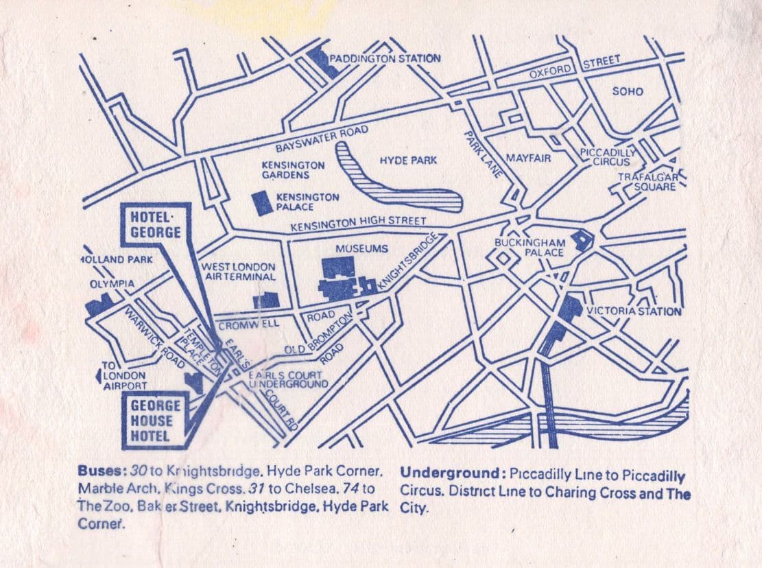 George House Hotel Earls Court London 1975 Map Card Ephemera