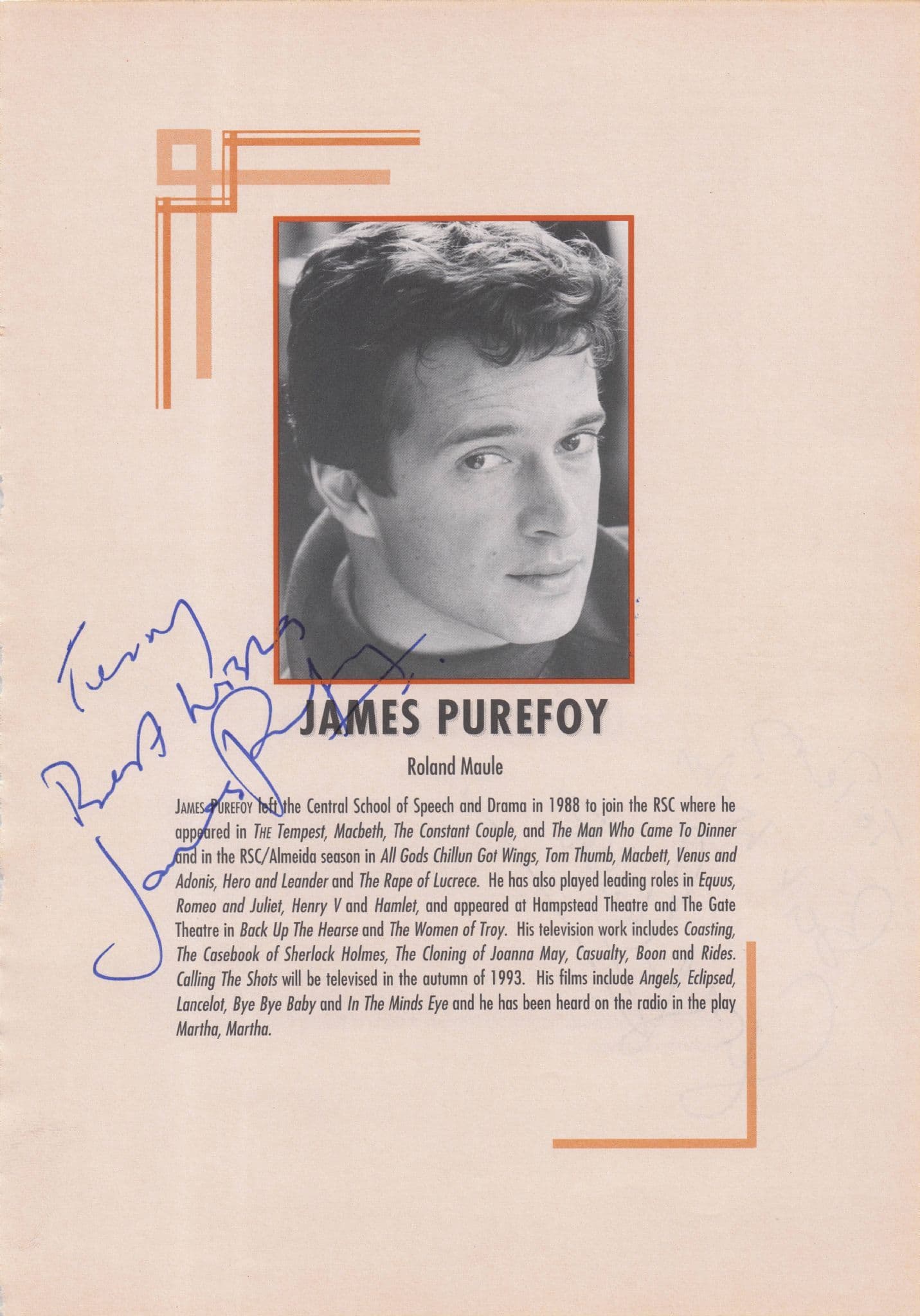 George Pensotti James Purefoy Hand Signed Theatre Page