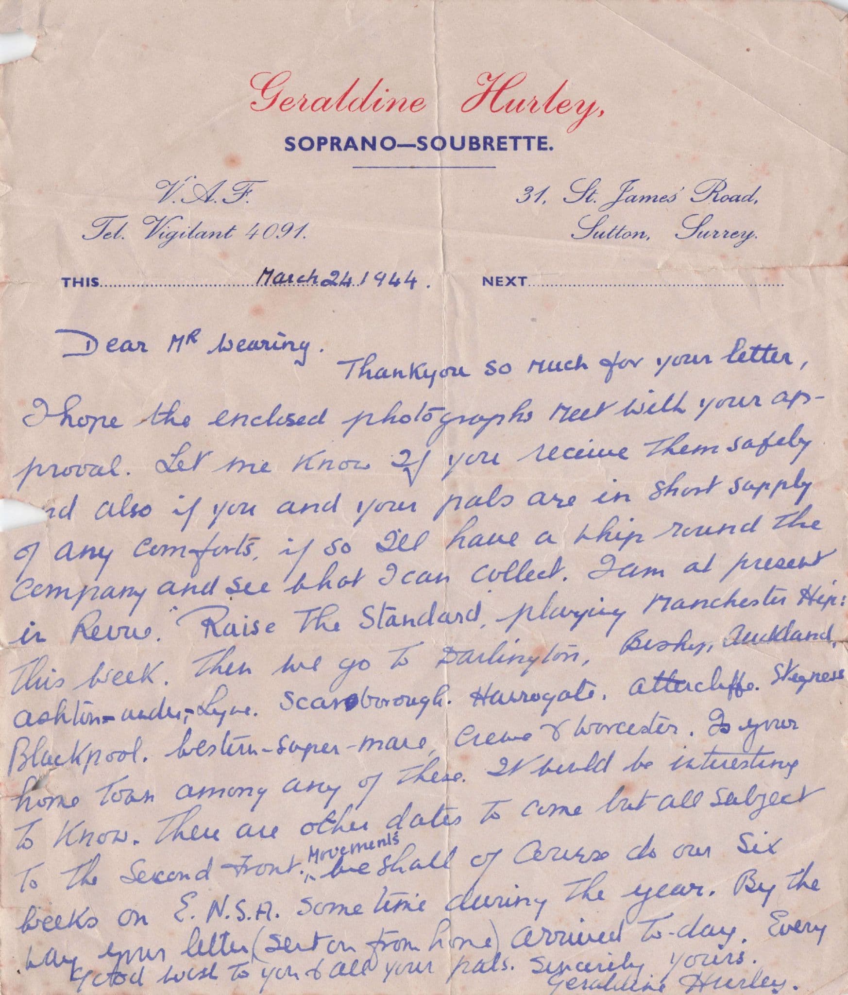 Geraldine Hurley Soprano Opera Surrey 1922 WW2 War Hand Signed Letter