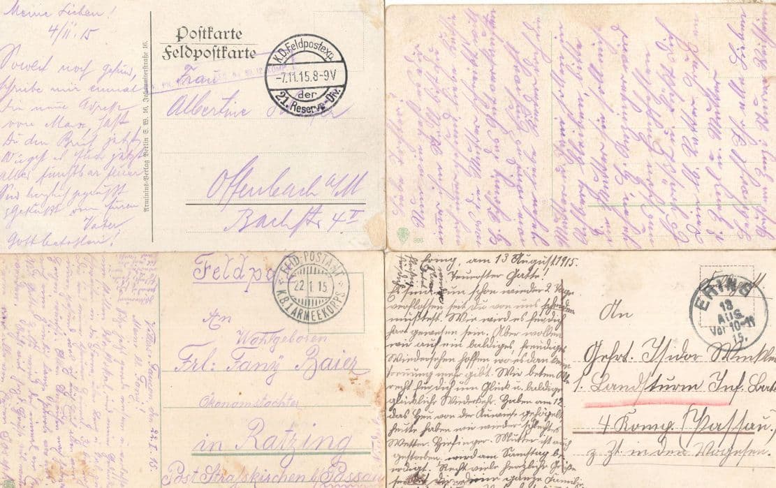 German 4x Military WW1 War Postcards All Feldpost Sent By Soldier