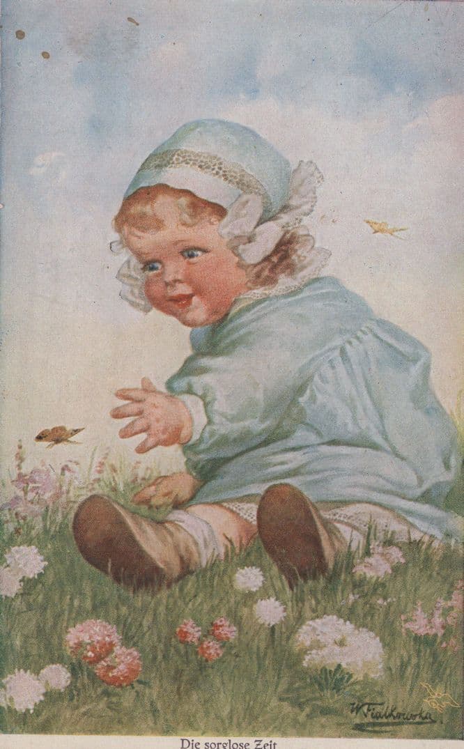 German Baby Child Catching Butterflies Antique WW1 Postcard