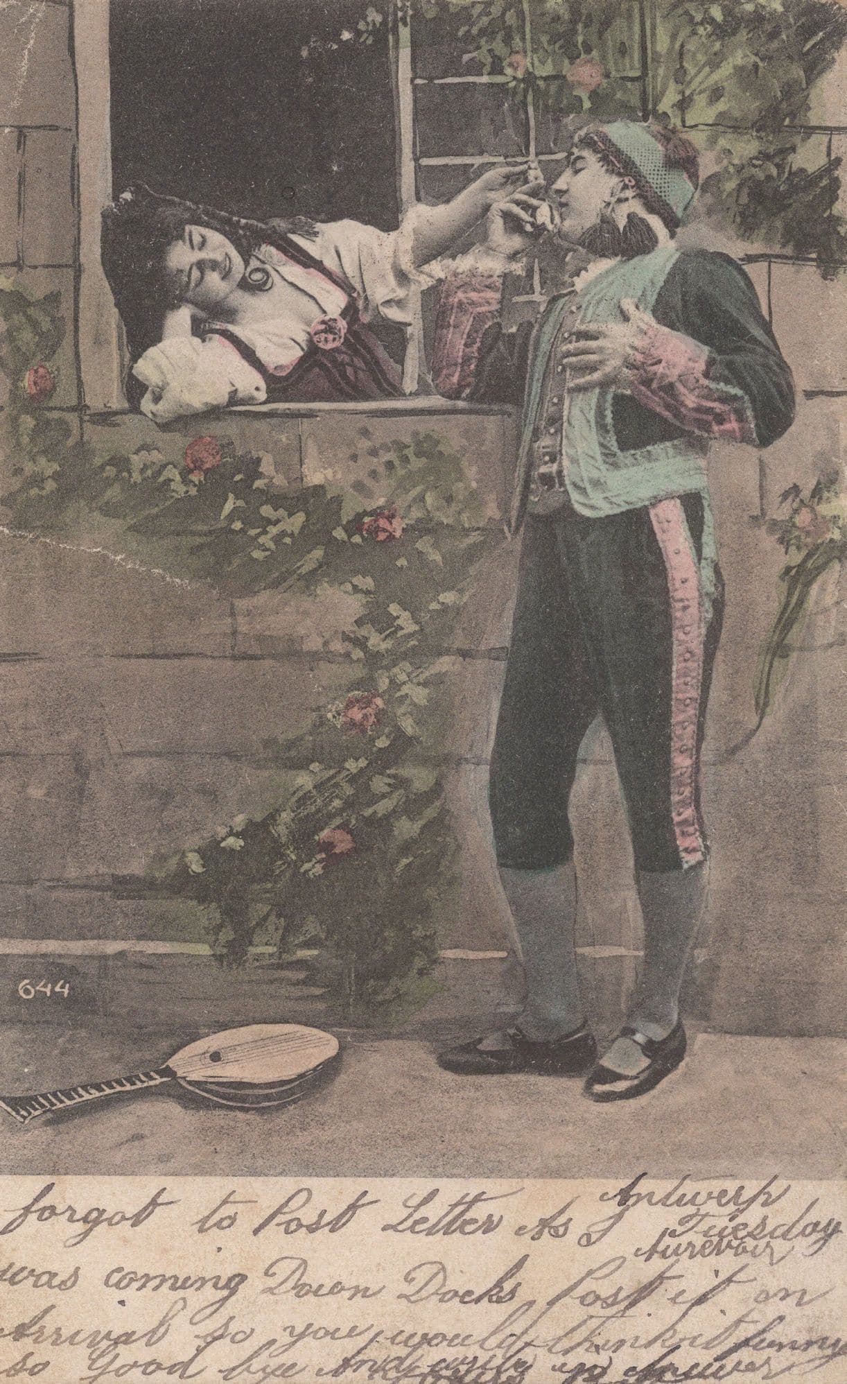 German Banjo Musician Player At Window Old Love Greetings Postcard