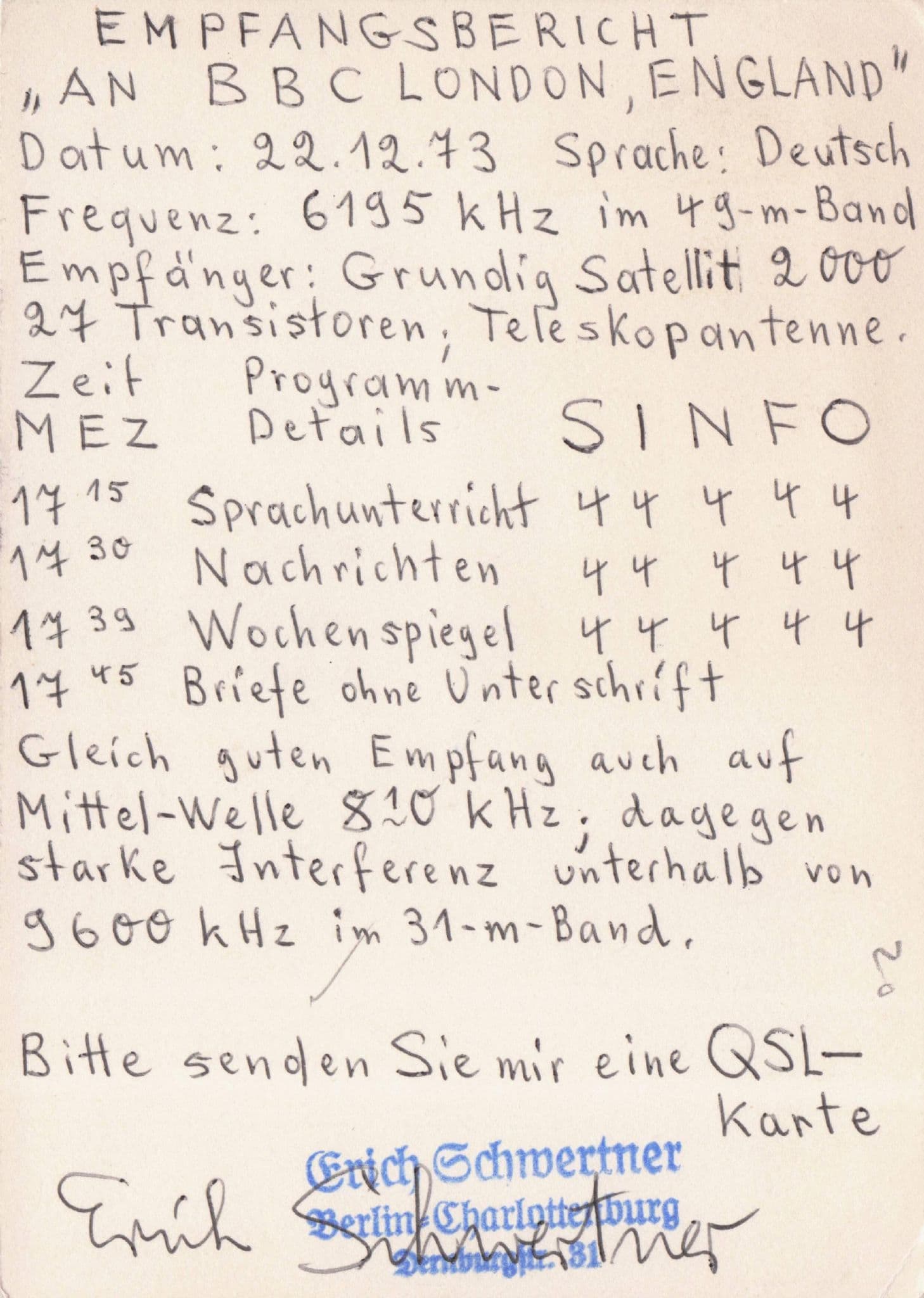 German Berlin Man QSL Card Letter to BBC England 1980s Postcard