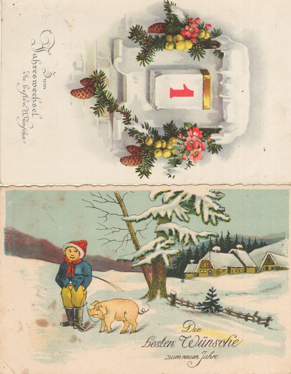 German Boy Walking A Pig Comic New Year 2x Greetings Old Postcard