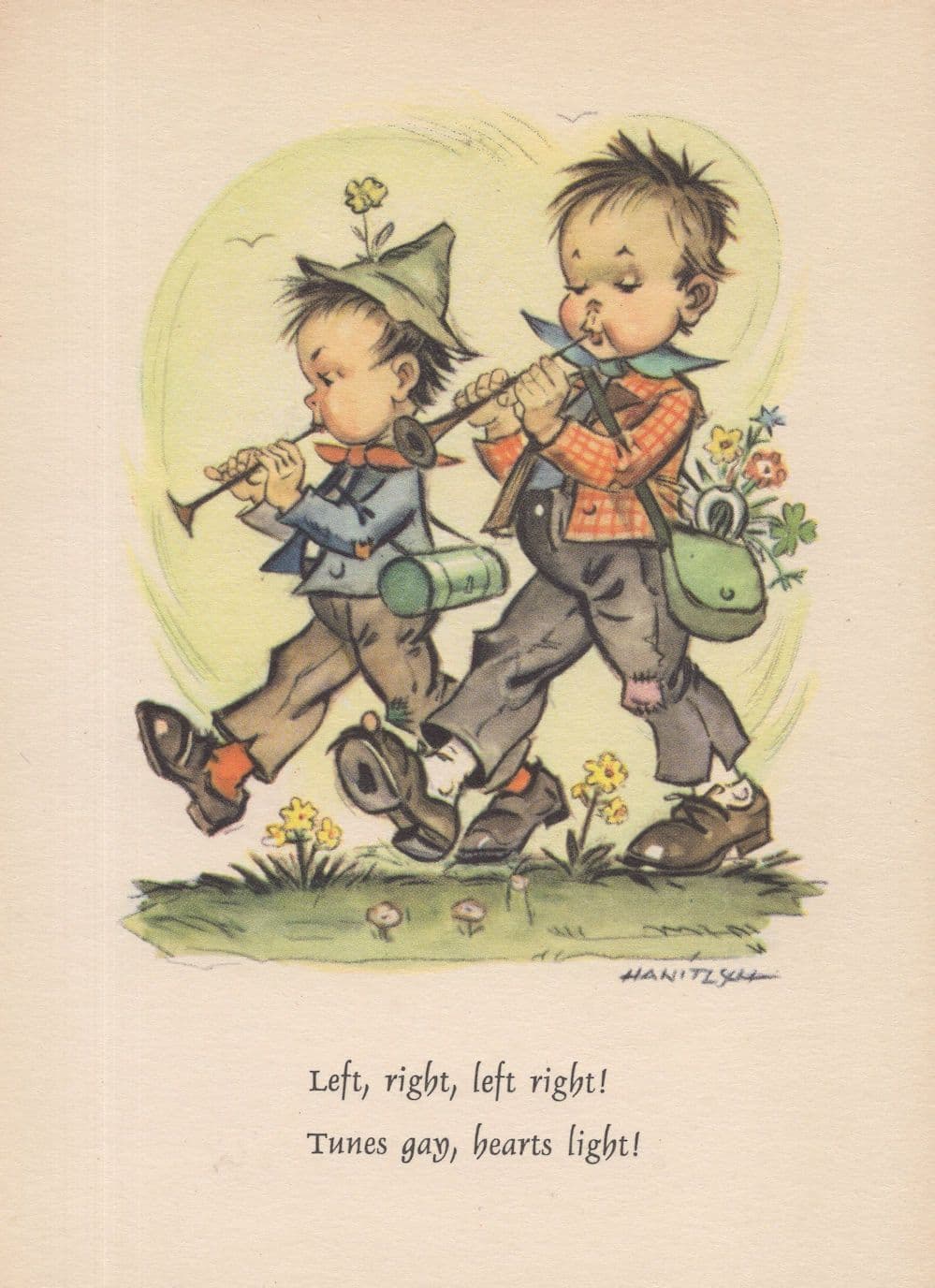 German Children Trumpet Players Marching As Soldiers Postcard