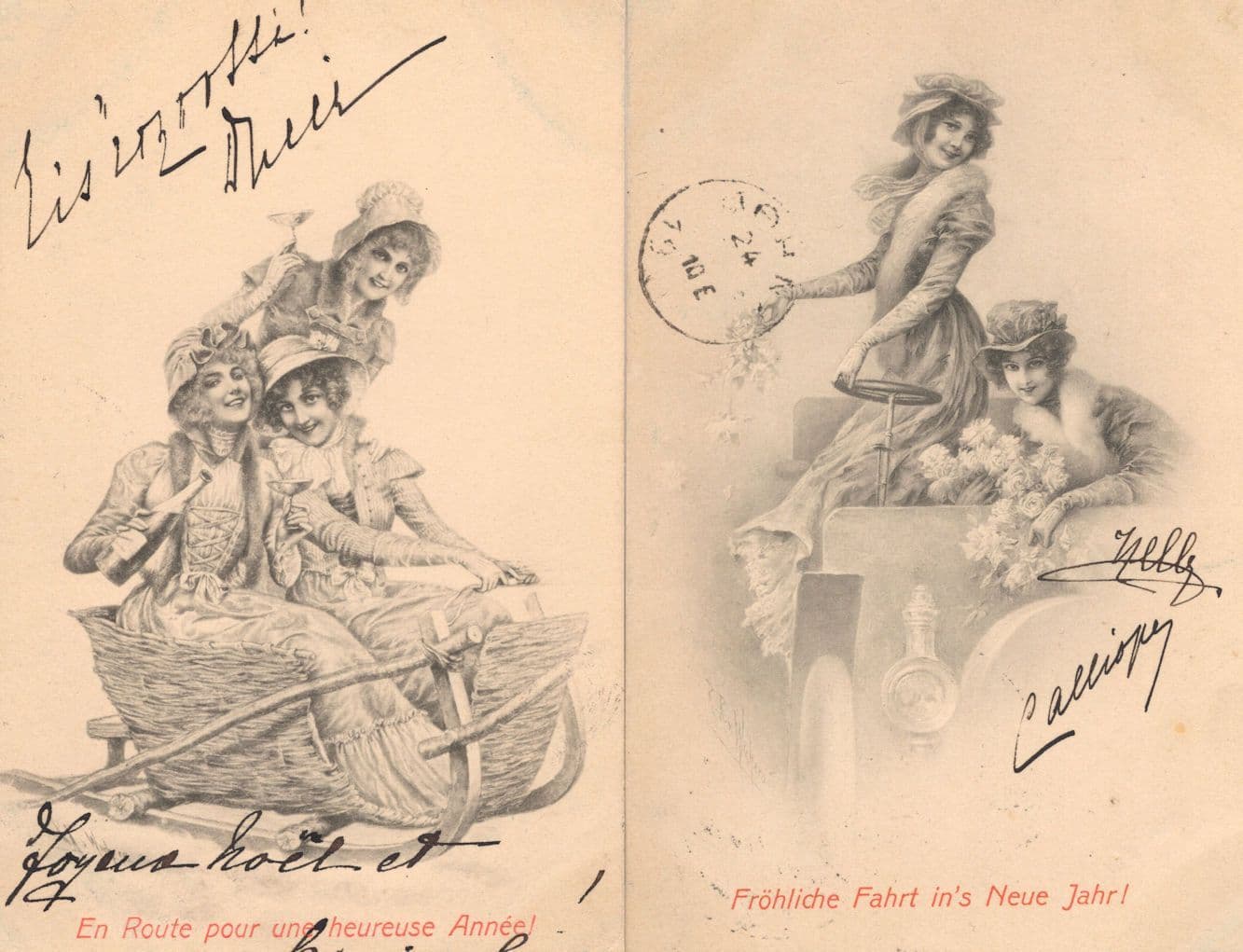 German French Posh Women New Year 2x Old Postcard s