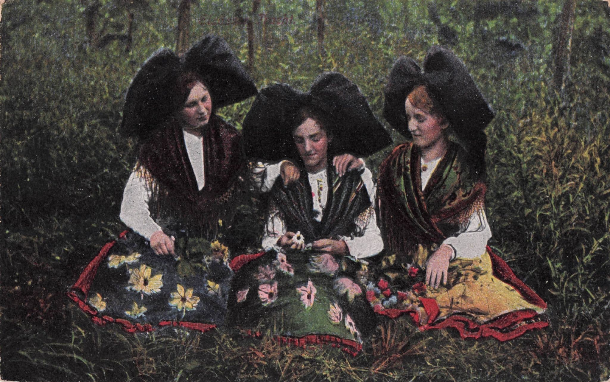 German Glamour Ladies Picking Daffodils Giant Hats Old Postcard